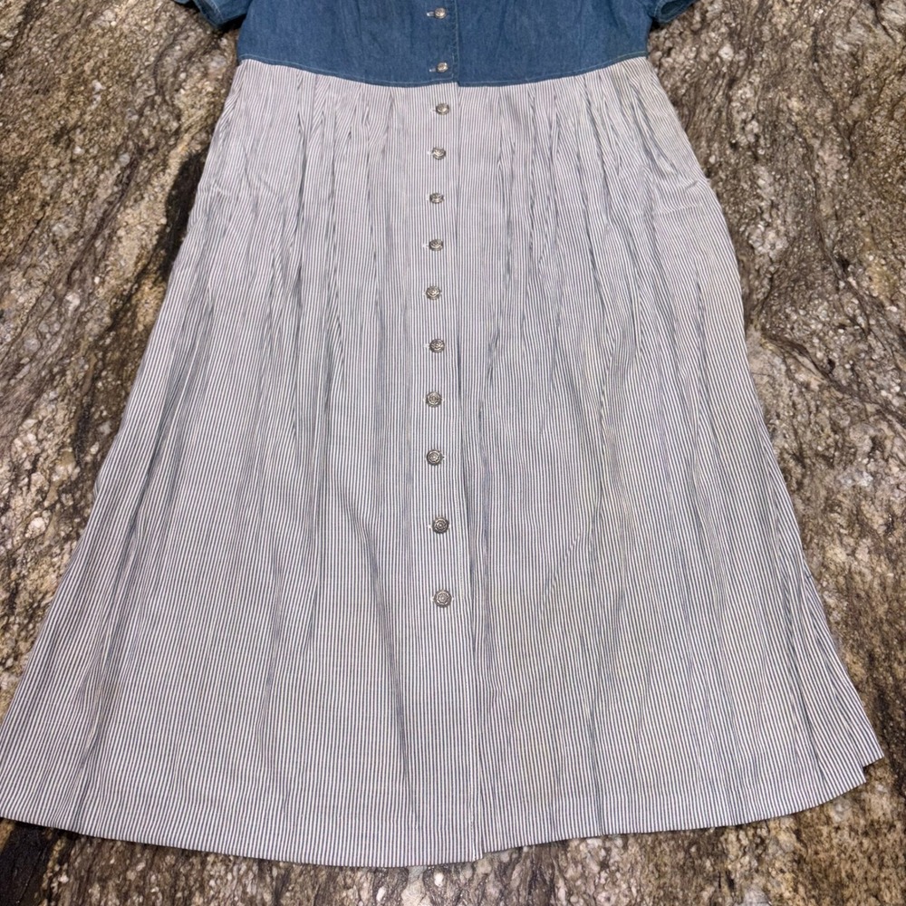 Vintage Embroidered Denim Striped Midi Dress Cottagecore Women 14P Blue - Picture 3 of 12
